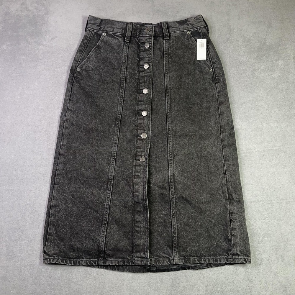 Old Navy Denim Midi Skirt High Rise Button Front Black Acid Wash Womens 8 NWT